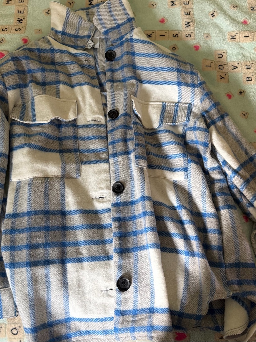 Rue21 Cream and Light Blue Plaid Button-Up Jacket